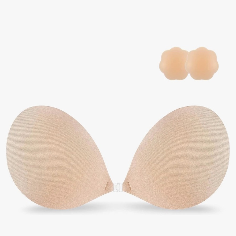 Niidor Fabric Strapless Adhesive Bra C cup with nipple petals covers nude New OS